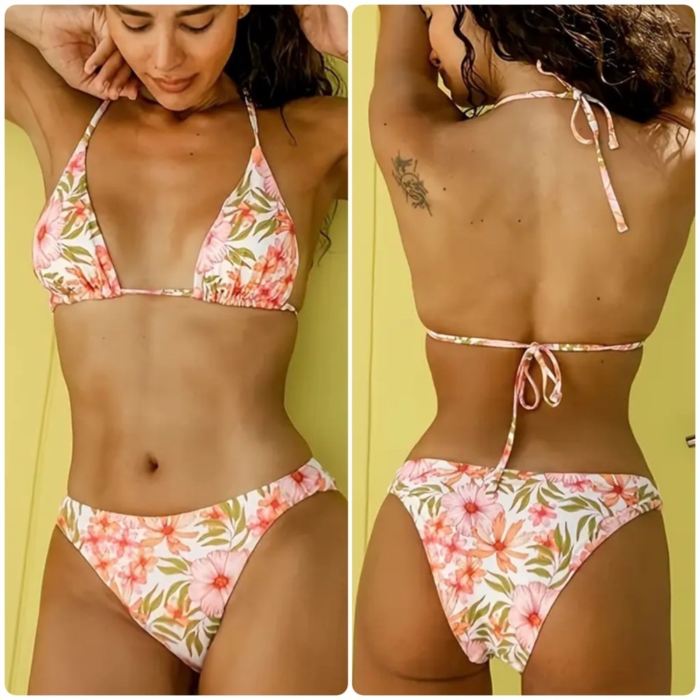 Pink Floral Triangle Halter High Cut Bikini Set - Picture 1 of 7
